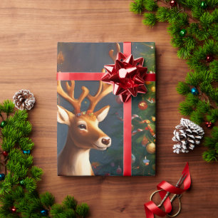 Santa and reindeer make gingerbread house wrapping paper