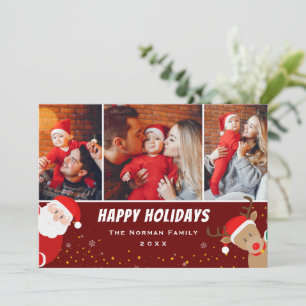 Santa and Reindeer Merry Christmas 3 Photo Holiday Card