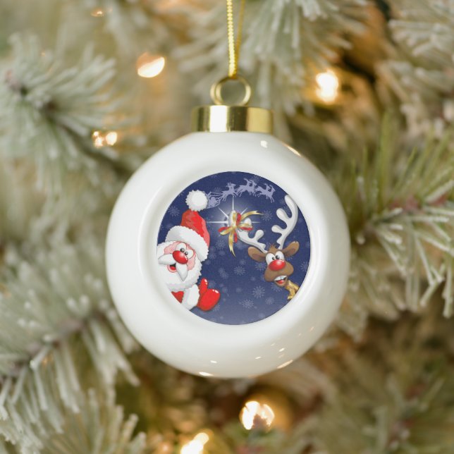 Santa and Reindeer Merry Christmass Happy Cartoon Ceramic Ball Christmas Ornament (Tree)