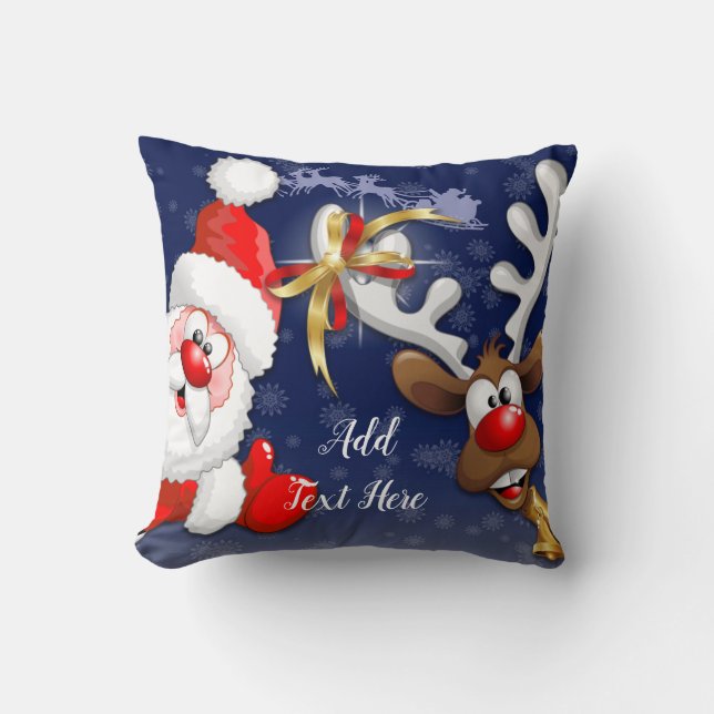 Santa and Reindeer Merry Christmass Happy Cartoon Cushion (Front)