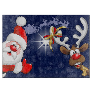 Santa and Reindeer Merry Christmass Happy Cartoon Cutting Board