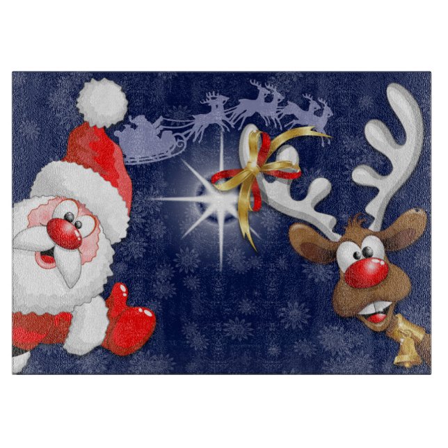 Santa and Reindeer Merry Christmass Happy Cartoon Cutting Board (Front)