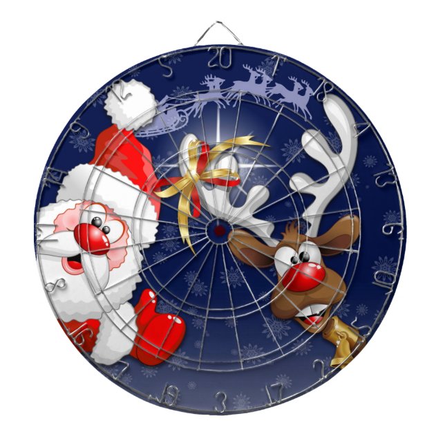 Santa and Reindeer Merry Christmass Happy Cartoon Dartboard (Front)