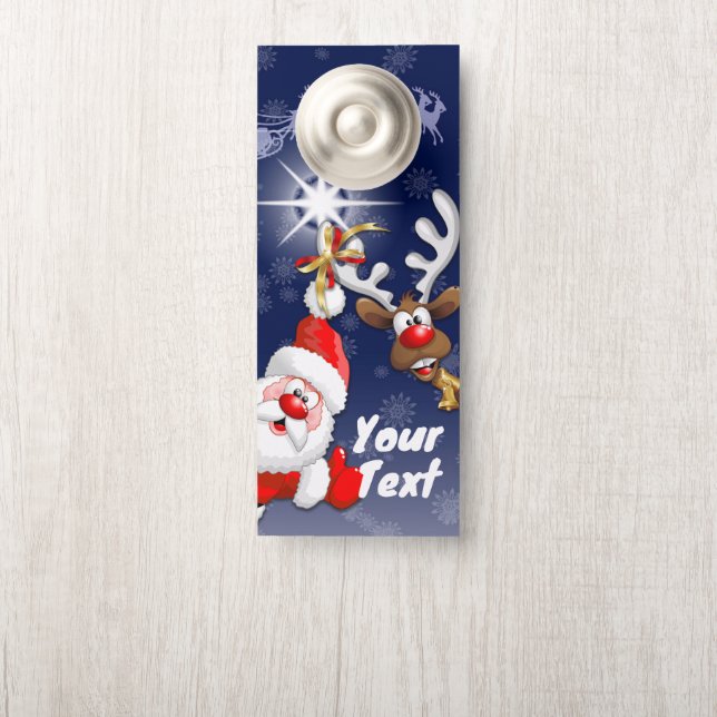 Santa and Reindeer Merry Christmass Happy Cartoon Door Hanger (On Knob)