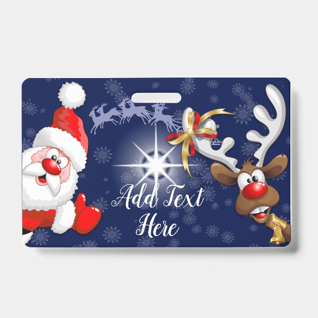 Santa and Reindeer Merry Christmass Happy Cartoon ID Badge (Front)