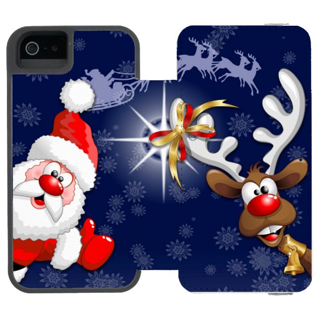 Santa and Reindeer Merry Christmass Happy Cartoon Incipio iPhone Wallet Case (Folio Open)