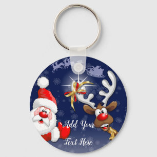 Santa and Reindeer Merry Christmass Happy Cartoon Key Ring