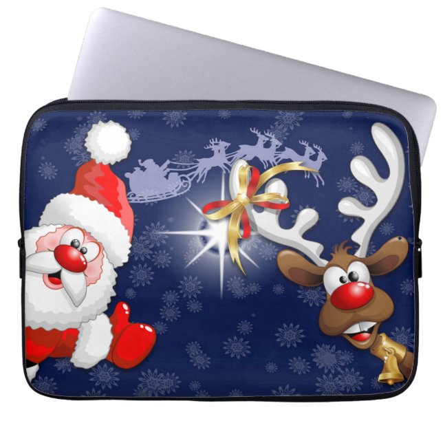 Santa and Reindeer Merry Christmass Happy Cartoon Laptop Sleeve (Front)