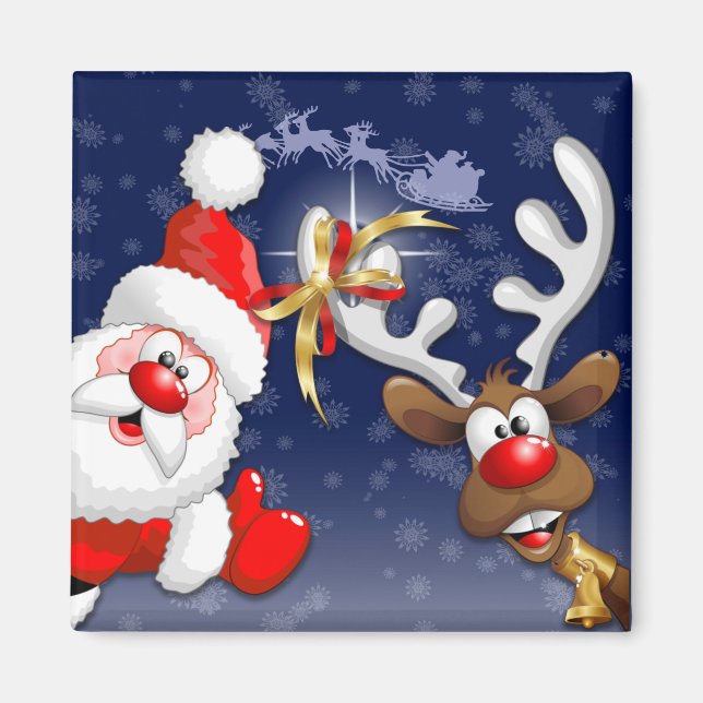 Santa and Reindeer Merry Christmass Happy Cartoon Magnet (Front)
