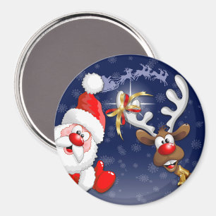 Santa and Reindeer Merry Christmass Happy Cartoon Magnet