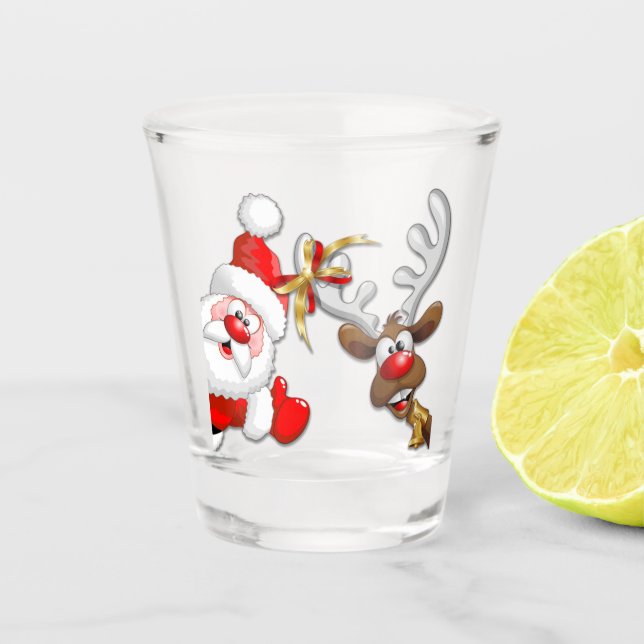 Santa and Reindeer Merry Christmass Happy Cartoon Shot Glass (Front)