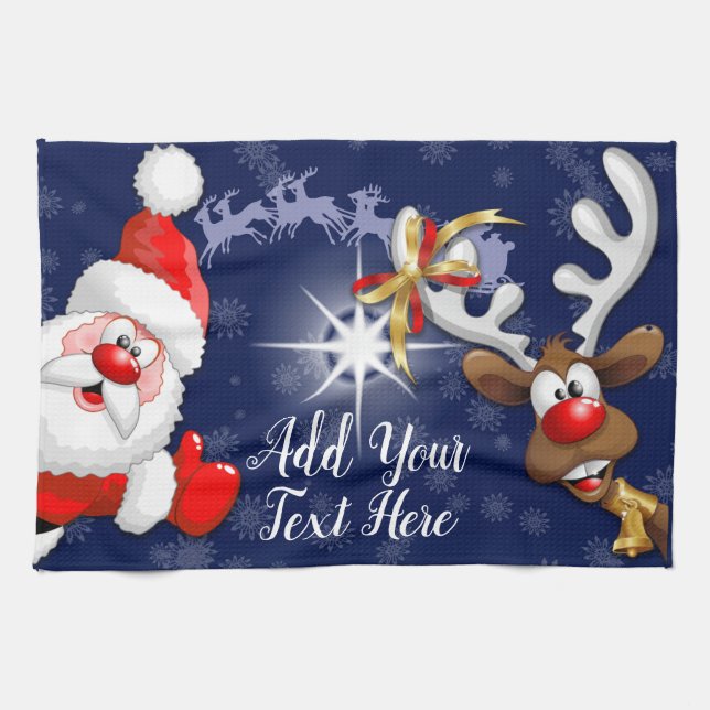 Santa and Reindeer Merry Christmass Happy Cartoon Tea Towel (Horizontal)