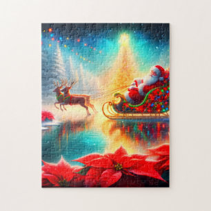 Santa and Reindeer on a Frozen Pond on His Sleigh Jigsaw Puzzle