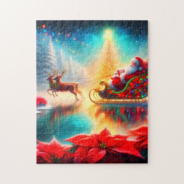 Santa and Reindeer on a Frozen Pond on His Sleigh Jigsaw Puzzle (Vertical)