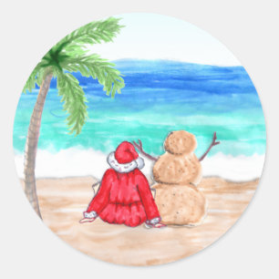 Santa and Reindeer on Beach Classic Round Sticker
