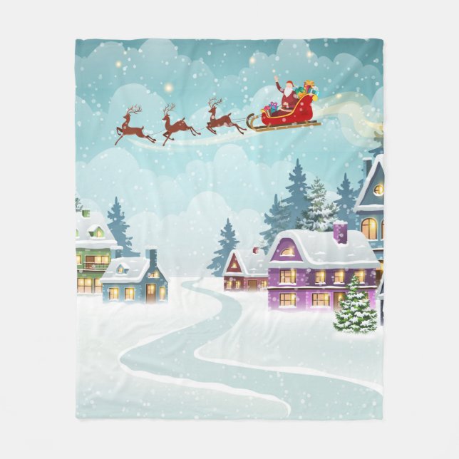 Santa and Reindeer on Christmas Background. Winter Fleece Blanket (Front)