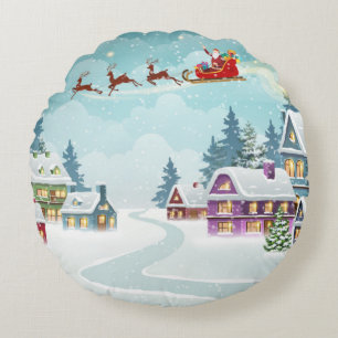 Santa and Reindeer on Christmas Background. Winter Round Cushion