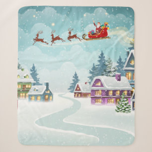 Santa and Reindeer on Christmas Background. Winter Sherpa Blanket