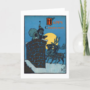 Santa and Reindeer Retro Vintage Holiday Christmas Card