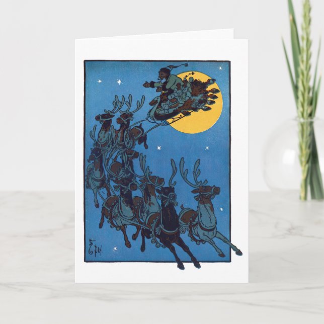 Santa and Reindeer Retro Vintage Holiday Christmas Card (Front)