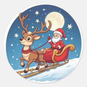 Santa And Reindeer Riding Sleigh Beneath Winter Classic Round Sticker