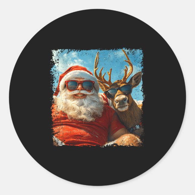 Santa And Reindeer Selfie Funny Christmas Vacation Classic Round Sticker (Front)