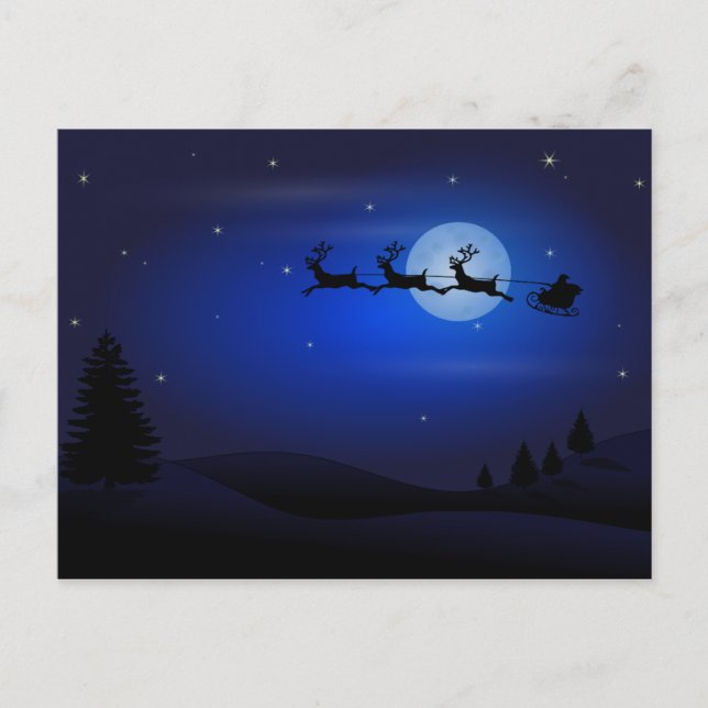 Santa and Reindeer Silhouette Against Full Moon Holiday Postcard (Front)