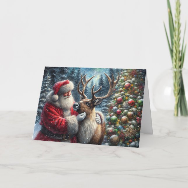 Santa And Reindeer, Snowy Forest, Christmas Tree 2 Holiday Card (Front)