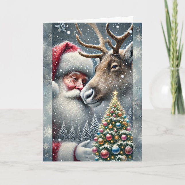 Santa And Reindeer, Snowy Forest, Christmas Tree 7 Holiday Card (Front)