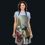 Santa And Reindeer, Snowy Forest, Christmas Tree 8 Apron<br><div class="desc">This seasonal Christmas holiday apron features an AI generated image of a close up of Santa and one of his reindeer sharing a tender moment in a snowy winter forest woodland with a beautifully decorated Christmas tree in the background, decked out in twinkling, glowing white lights. Santa is touching the...</div>