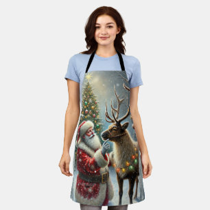 Santa And Reindeer, Snowy Forest, Christmas Tree 8 Apron