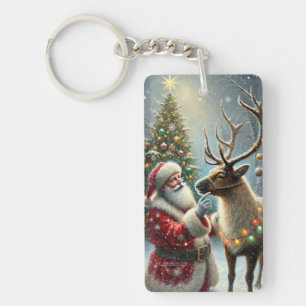 Santa And Reindeer, Snowy Forest, Christmas Tree 8 Key Ring