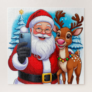 Santa And Reindeer Taking Christmas Selfie Jigsaw Puzzle