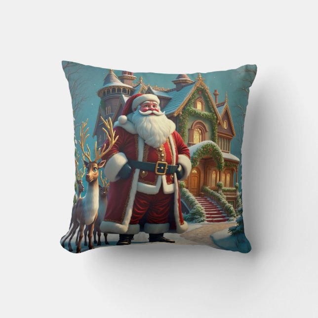 Santa and Reindeer Throw Pillow (Front)