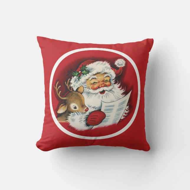 Santa and Reindeer vintage style Cushion (Front)