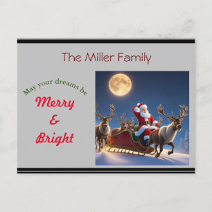 Santa and reindeer with full moon holiday postcard