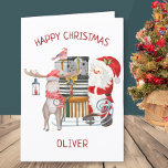 Santa and Reindeer with Sleigh Personalised Kids<br><div class="desc">Christmas Card personalised with your child's name and your own custom message. The design features santa and reindeer with sleigh filled with presents.</div>