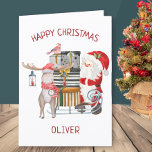 Santa and Reindeer with Sleigh Personalised Kids Holiday Card<br><div class="desc">Christmas Card personalised with your child's name and your own custom message. The design features santa and reindeer with sleigh filled with presents.</div>