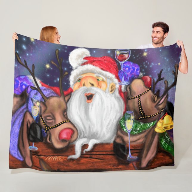Santa and Reindeers Funny Cgristmas Fleece Blanket (In Situ)