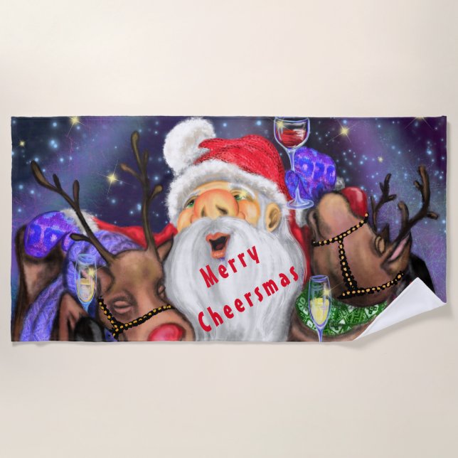 Santa and Reindeers Funny Christmas Beach Towel (Front)