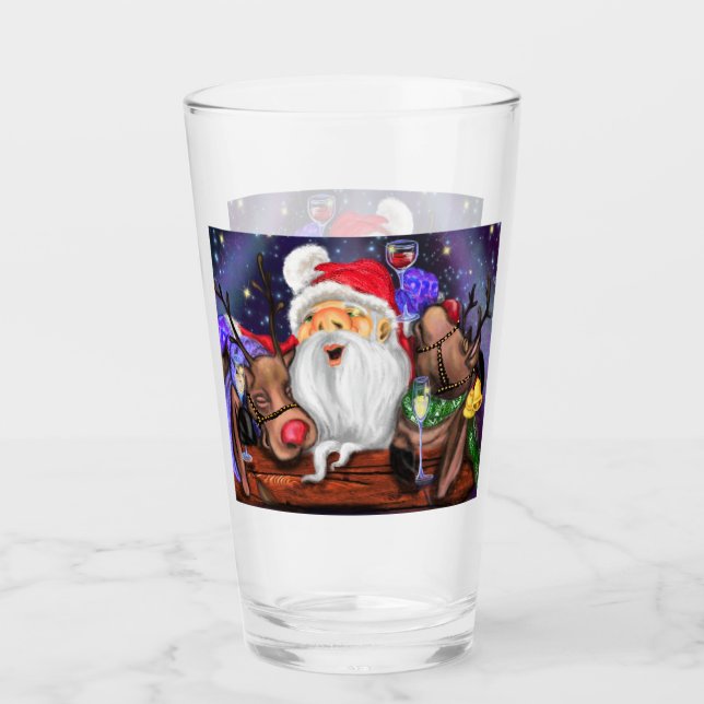 Santa and Reindeers Funny Christmas Glass (Front)
