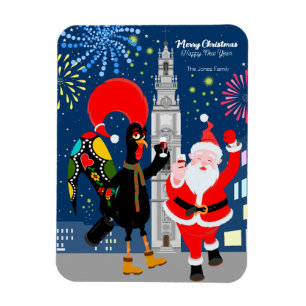 Santa and Rooster toast to the New Year card Magnet