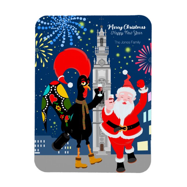 Santa and Rooster toast to the New Year card Magnet (Vertical)