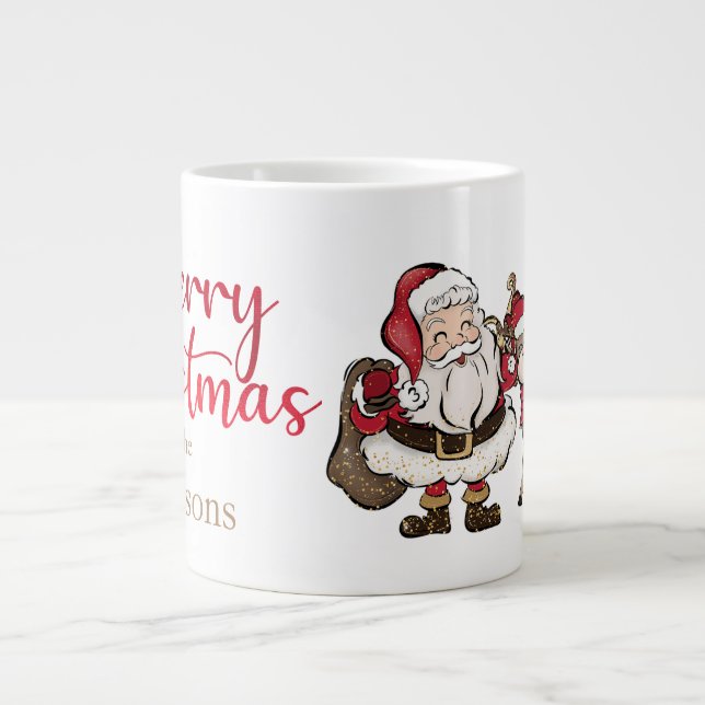 Santa and Rudolph Custom Name Christmas Large Coffee Mug (Front)