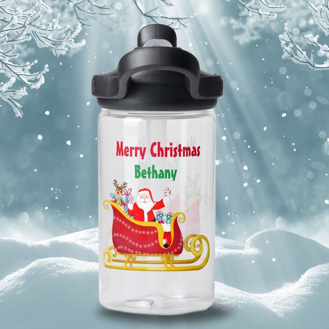 Santa and Rudolph In Christmas Sleigh Personalise  Water Bottle (Children will adore this water bottle featuring Santa and Rudolph delivering gifts and candy cane ! )