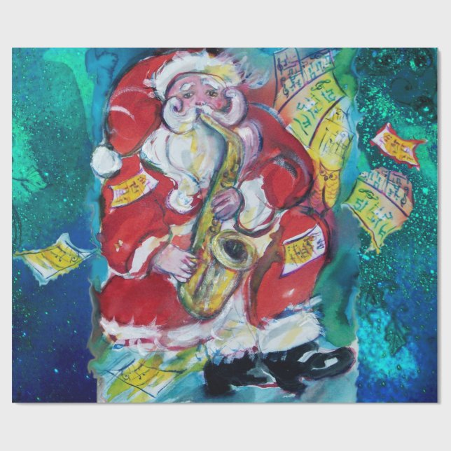 SANTA AND SAX, CHRISTMAS PARTY Night Blue Wrapping Paper (Flat)