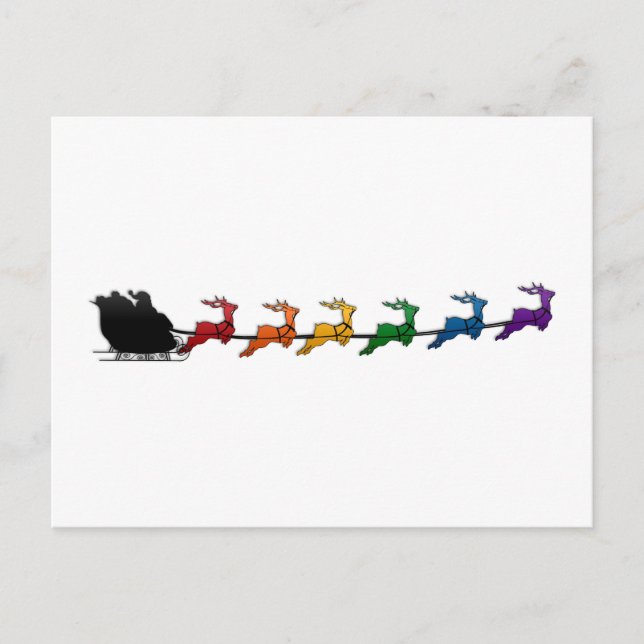 Santa and Sleigh with LGBTQ Pride Rainbow Reindeer Holiday Postcard (Front)