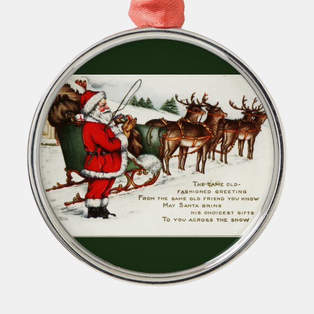 Santa and Sleigh with Reindeer Green Metal Tree Decoration (Front)