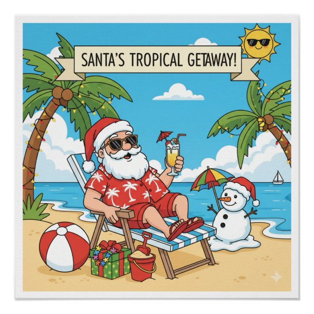Santa and Snowman at the Beach Poster (Front)