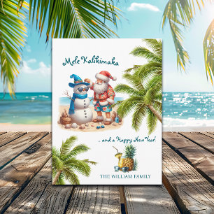 Santa and Snowman Mele Kalikimaka Christmas Holiday Postcard